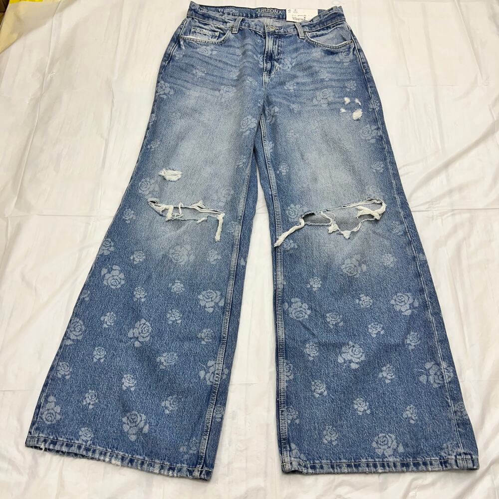 Arizona Women's Distressed Low Rise Wide Leg Baggy Blue Denim Jeans Juniors 11